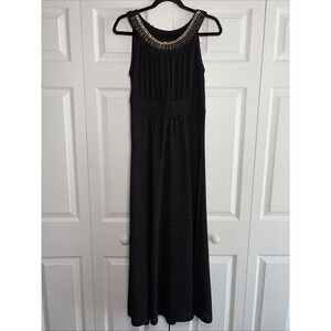 Haani Jeweled Neckline Maxi Dress Womens Size M Black Gold Glitter Formal Knit